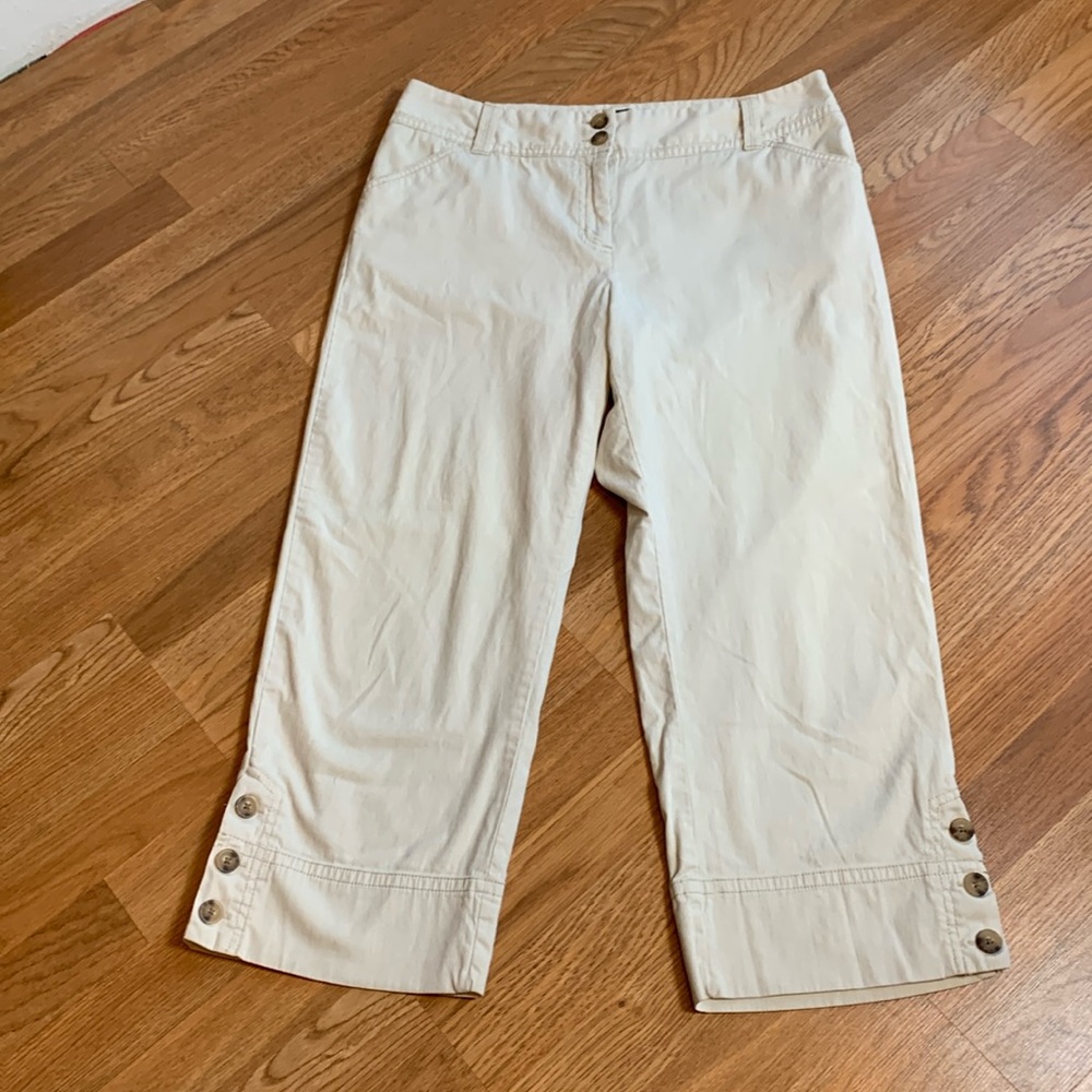 Charter Club Classic Fit, pull on micro stripe tan/white cropped pants. Size 14.
